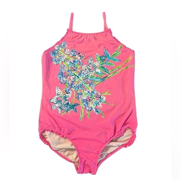 LILLY PULITZER GIRLS PINK FLORAL ONE PIECE SWIMSUIT SIZE 14 - Picture 1 of 10
